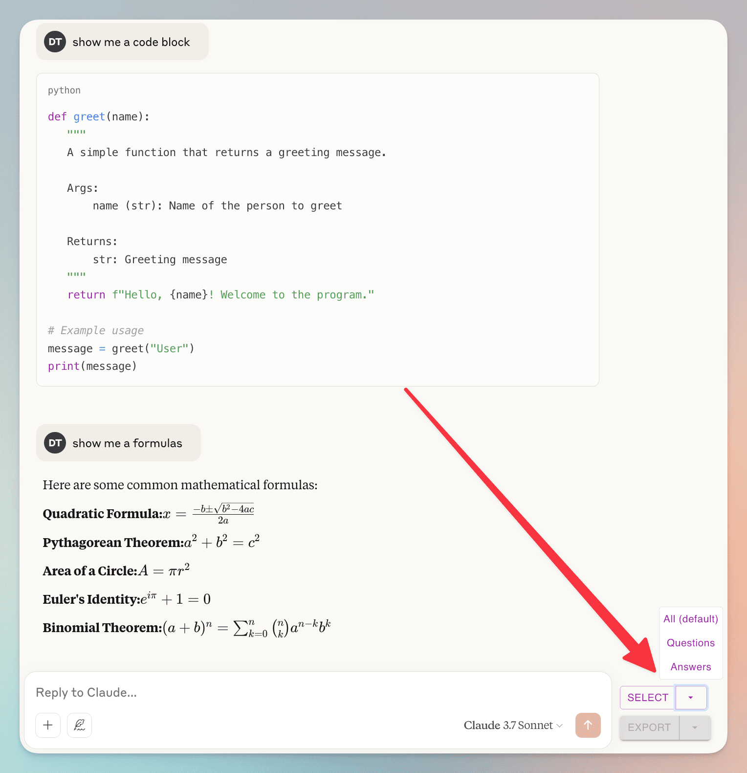 click select button to choose what to export